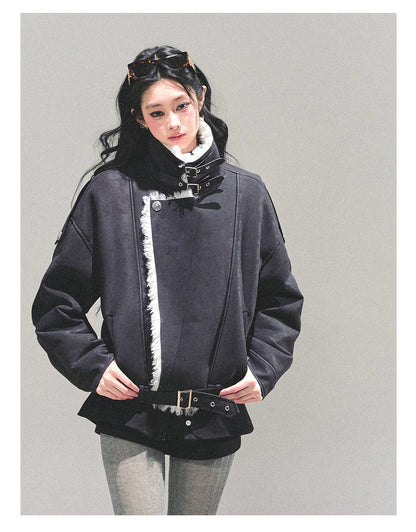 少也眼 "Time’s Hidden Reef" Faux Fur-Lined Cotton Jacket with Belt 8731321