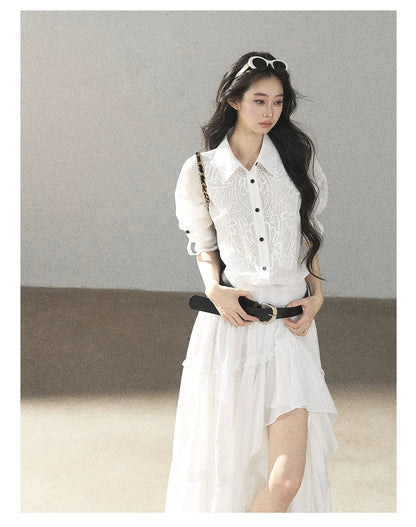 AOMALM - “Her Hemline” White Lace Shirt Dress with Belt