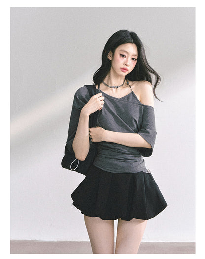 少也眼 “Smart Relax” Asymmetric Halter Short Tee - Gray