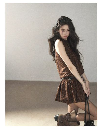 AOMALM - Merlot Leopard Print Bubble Sleeve Dress with Vintage Belt
