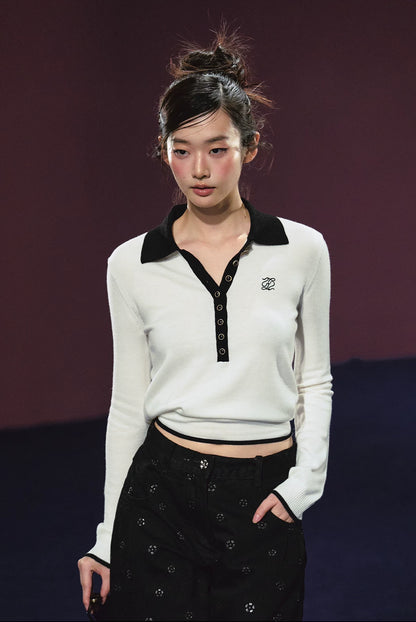 Vintage Contrast Ribbon Polo Knit Top & Heart Pocket Shorts Set