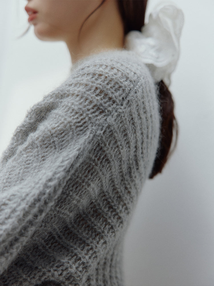 FUSSED Lazy Furry Mist Gray Wool & Baby Mohair Color-Block Sweater FOF-25SS133
