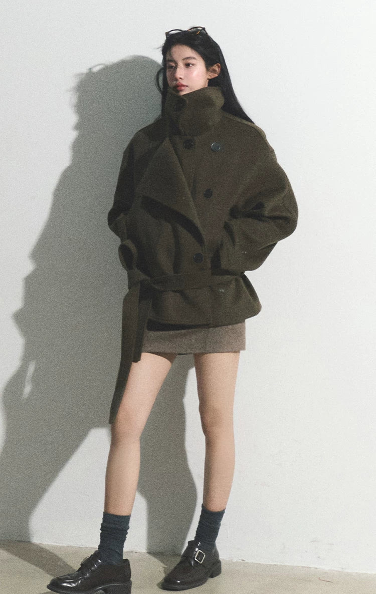 OAKMOO/ "The Flowers Are in Full Bloom" Jade Green Wool-Blend Short Belted Coat