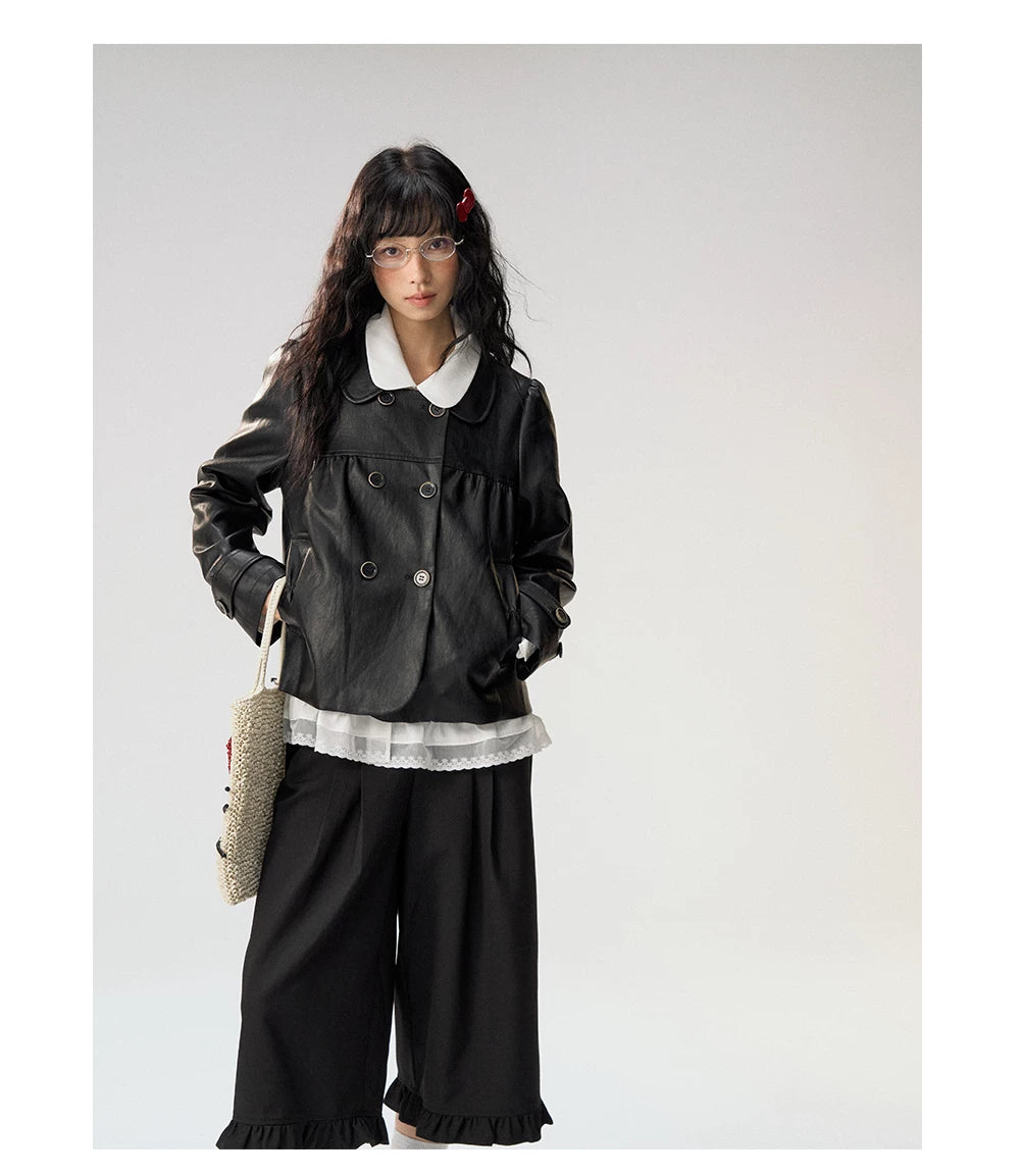 [CAN] "Midnight Sweetheart" Black Bow Pocket Doll Collar Faux Leather Jacket