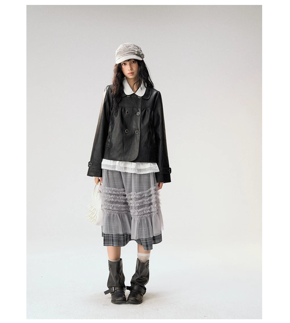 [CAN] "Midnight Sweetheart" Black Bow Pocket Doll Collar Faux Leather Jacket
