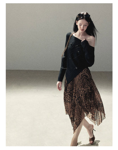 AOMALM - “Cocoa Leopard” Pleated Asymmetric Midi Skirt