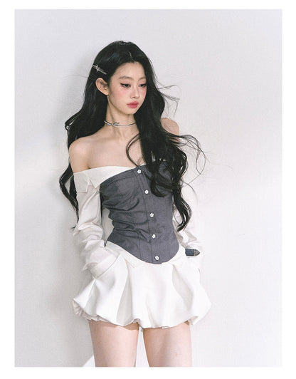 少也眼 "London Crush" Off-Shoulder Dual-Layer Long-Sleeve Spicy Girl Tee - Gray White