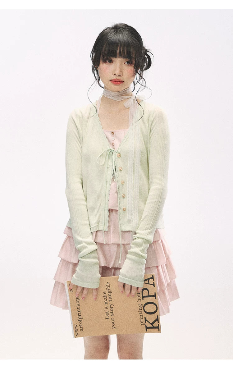 "Comfort Corner" Tie-Front Knit Cardigan (Melon Green/ Peacock Blue)