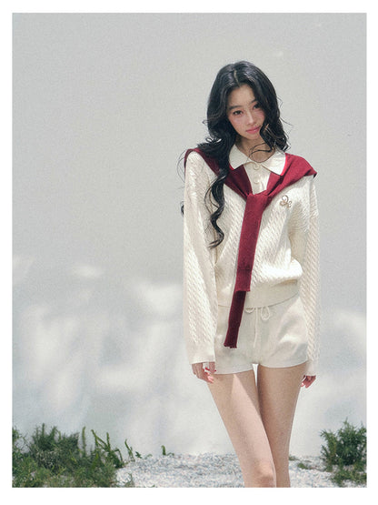少也眼 “Campus Muse” Apricot Preppy Three-Piece Knit Set 6785654