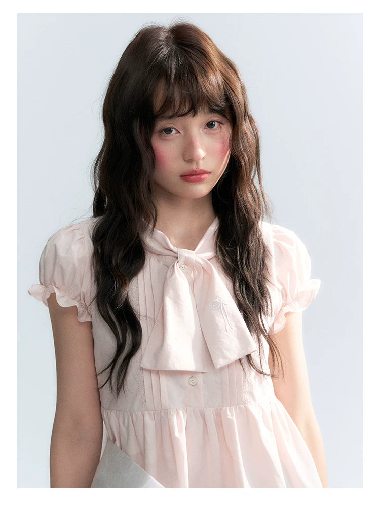 "Rosy Whisper" Dusty Pink Bow Embroidered Puff Sleeve Blouse