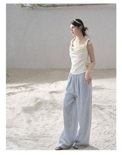 "Follow the Sea Breeze" Lightweight Straight-Leg Wide-Leg Pants (Lotus Pink/ Gray Sage Green/ Gray Blue)