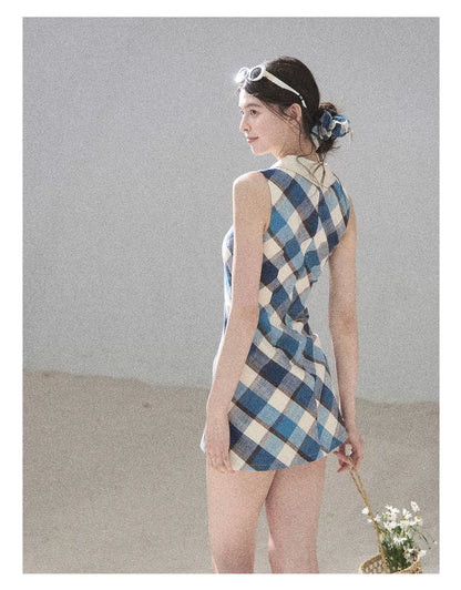 "Sunset by the Shore" Vintage Blue Plaid Polo Mini Dress 358648564