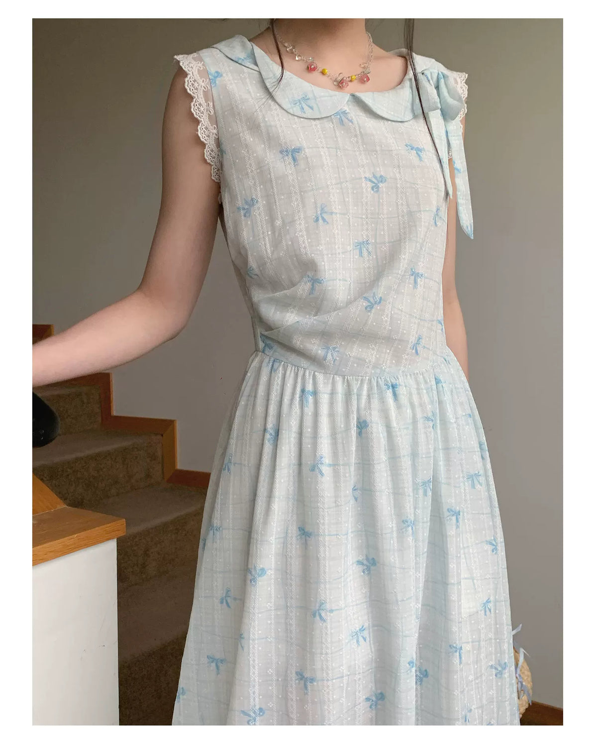 [RF] “Blue Ribbon Whisper” Blue Bow Print Lace-Trim Sleeveless Dress