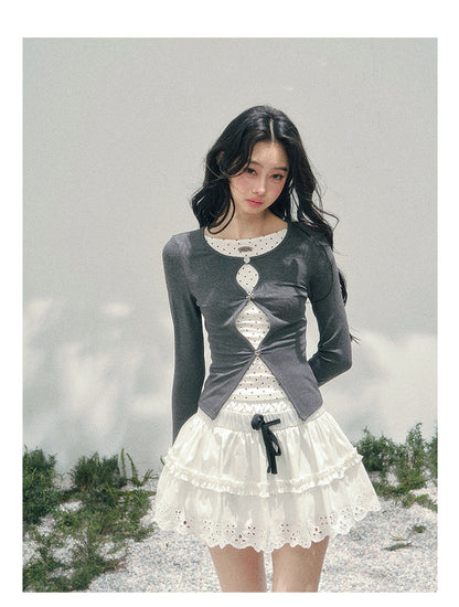 少也眼 "Twilight Pause" Faux Two-Piece Polka Dot T-Shirt in Soft Silver Gray 45234752