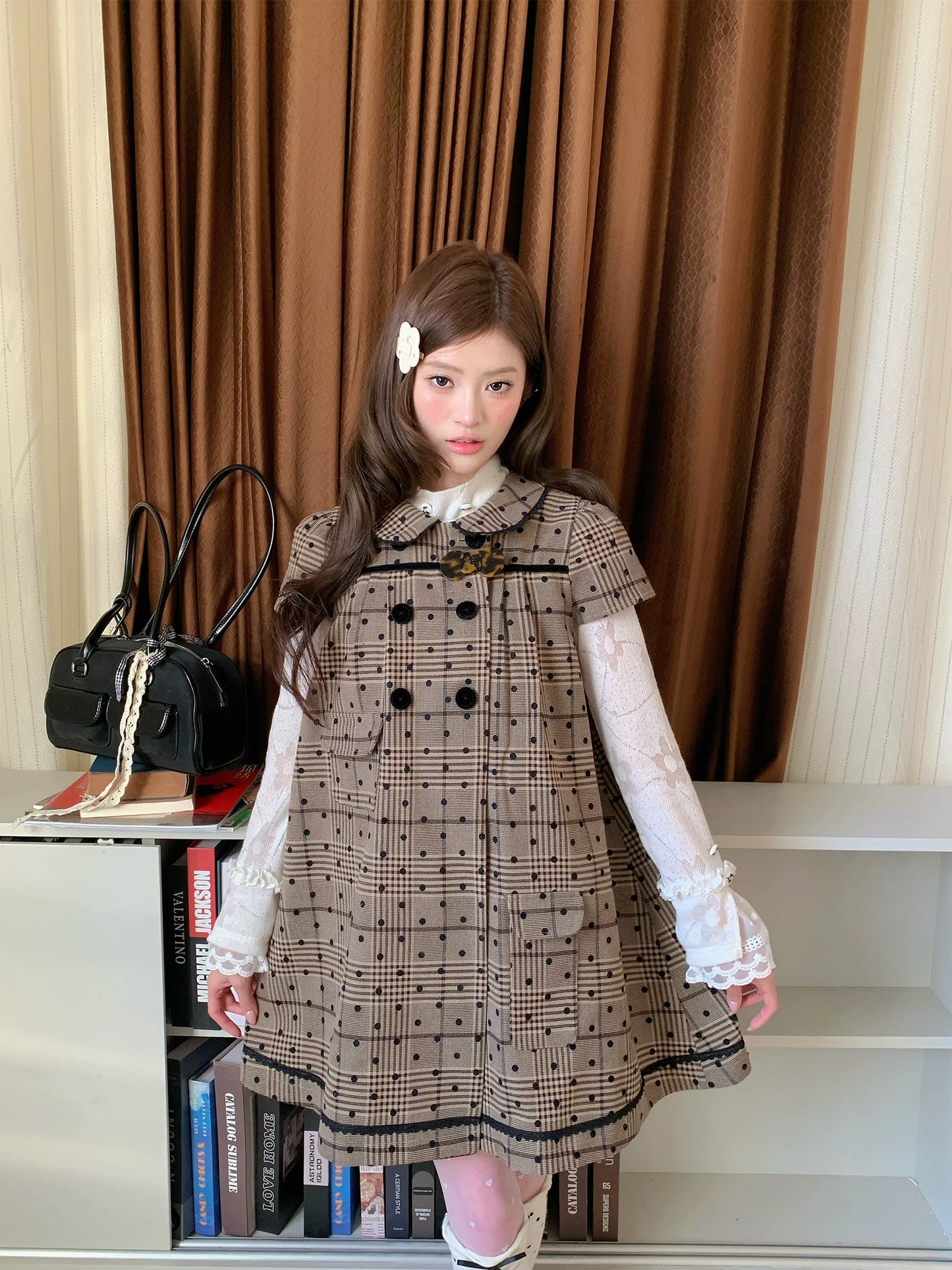 “Hazel Rococo Reverie” Khaki Plaid Polka Dot Dress