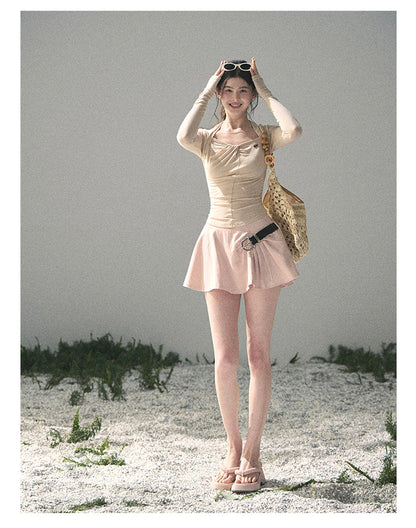“Soft Evening Breeze” Milk Tea Layered Halter Top