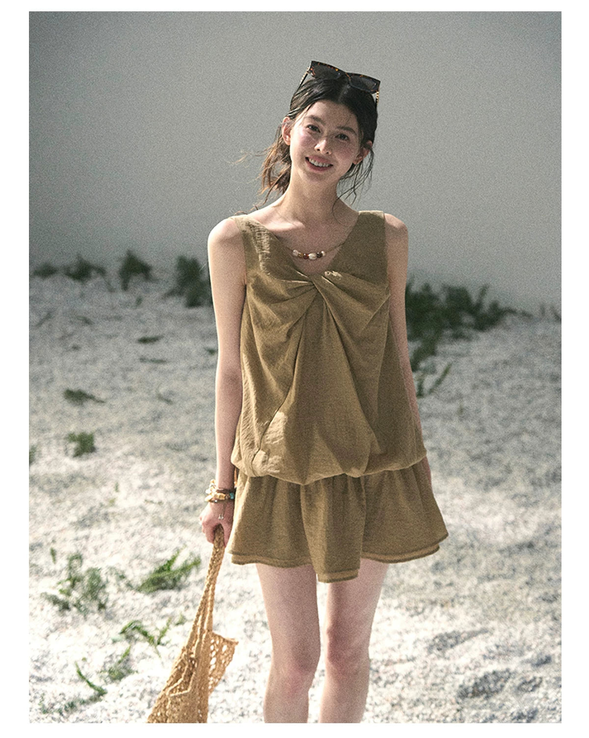 “Whispering Grass” Milk Tea Twist Mini Dress