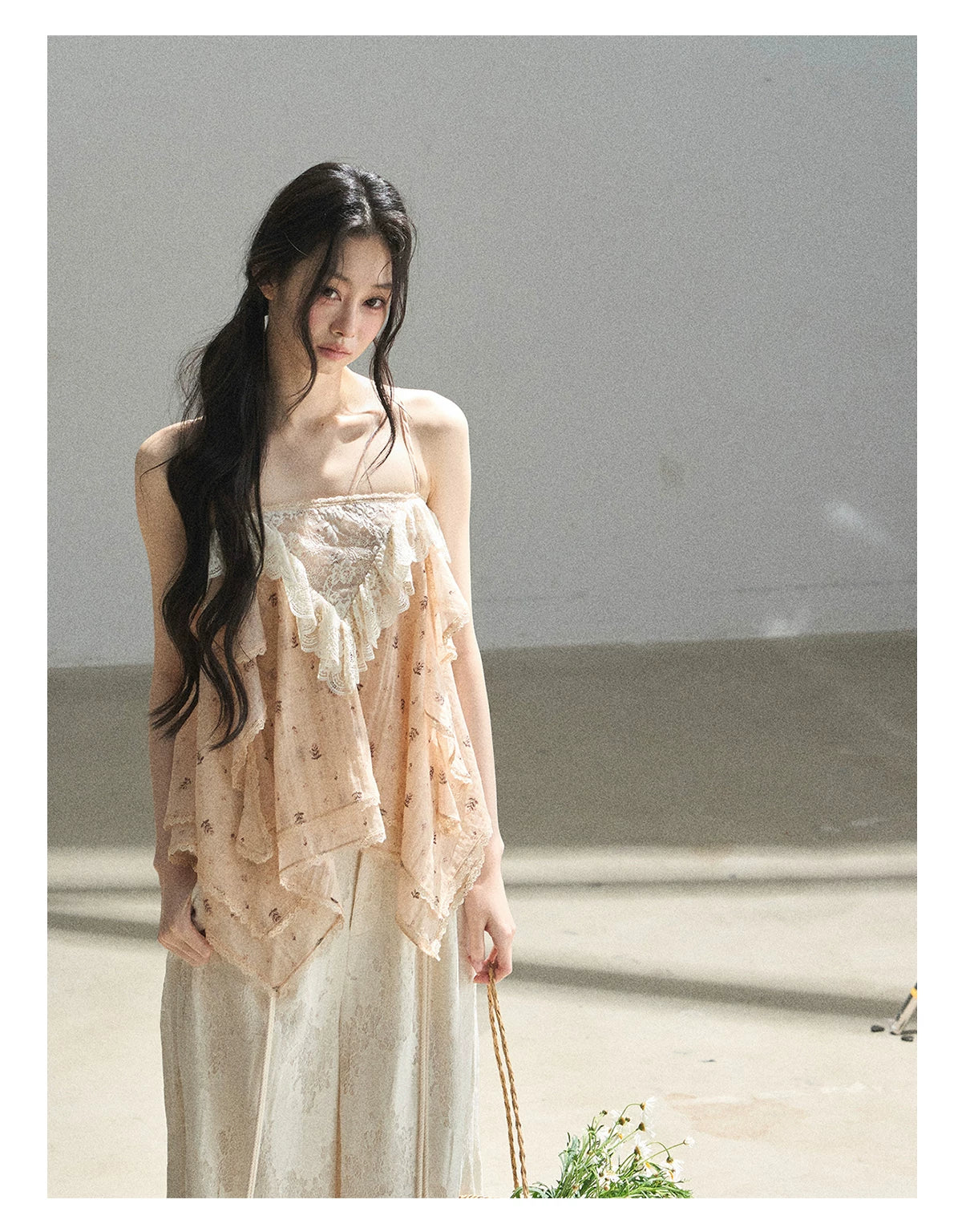 "Orange-Scented Dusk" Toasted Rice Beige Asymmetrical Lace Cami