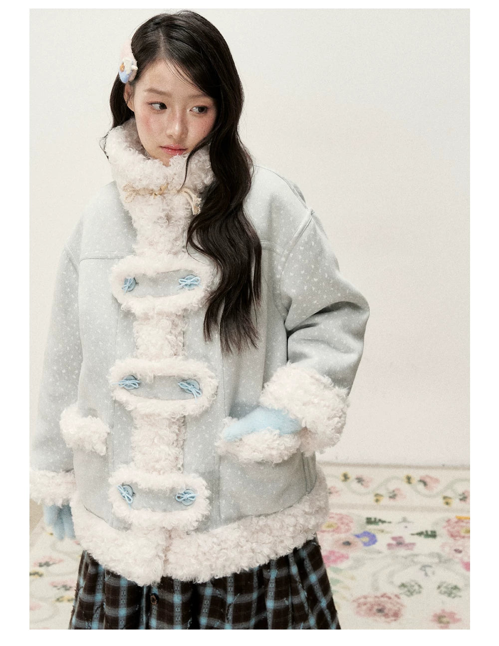 RF - Mist Blue Bow Print Suede-Look Jacket with Cream Curly Faux Fur Trim