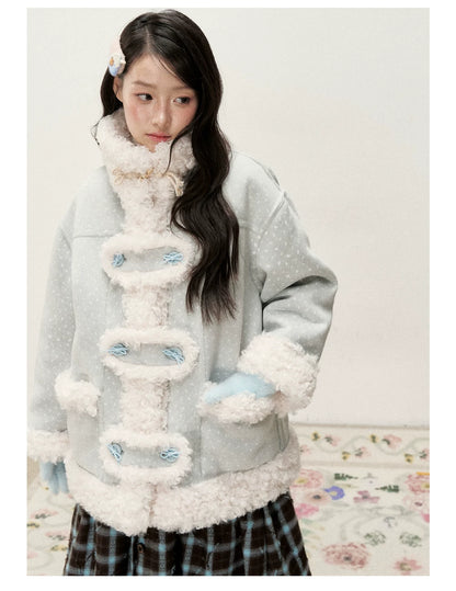 RF - Mist Blue Bow Print Suede-Look Jacket with Cream Curly Faux Fur Trim