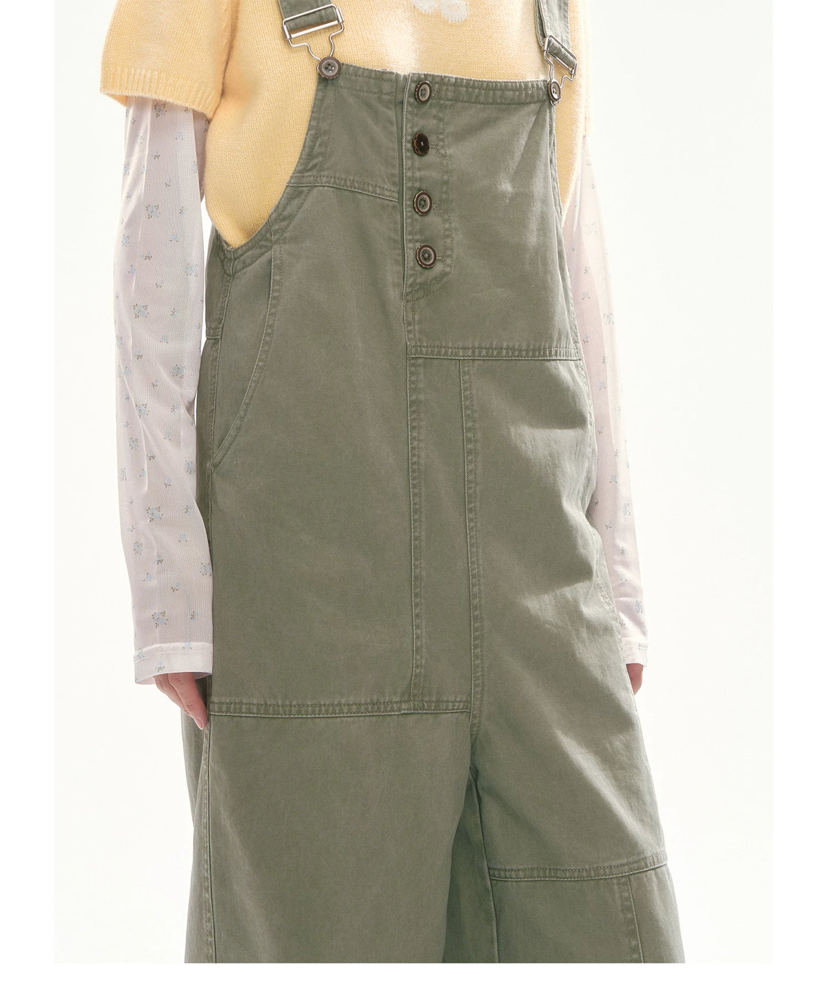 [CAN] Olive Green Floral-Trim Cargo Overalls