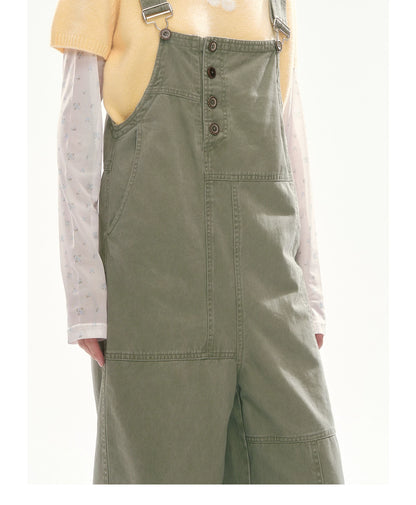 [CAN] Olive Green Floral-Trim Cargo Overalls