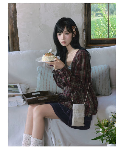 "Sage Whisper" Layered Vintage Collection (Plaid Shirt / Lace Cami / High-Waist Skirt)
