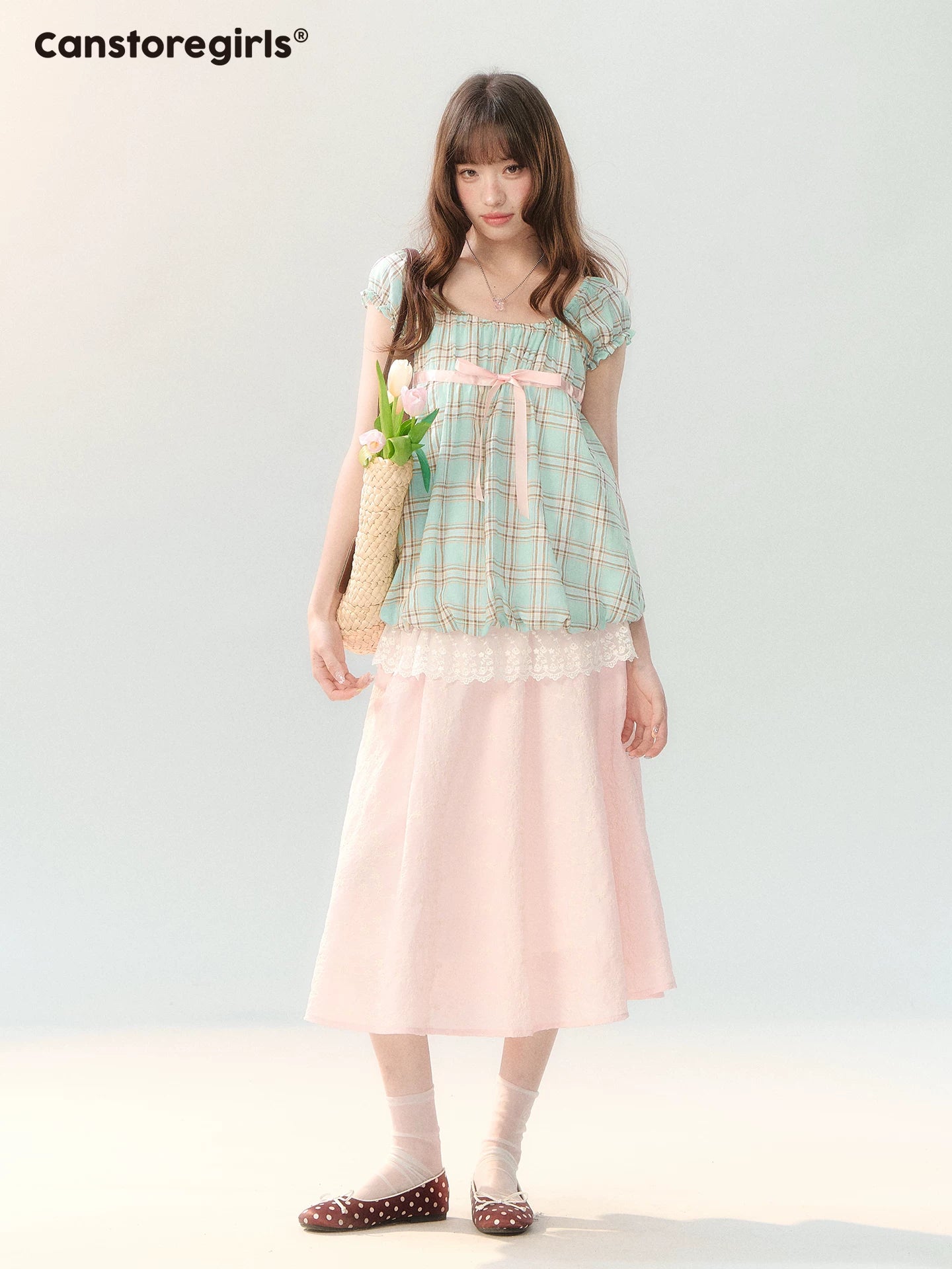 "Mint Peach Whisper" Mint Green Plaid Embroidered Skirt Set LL2026196