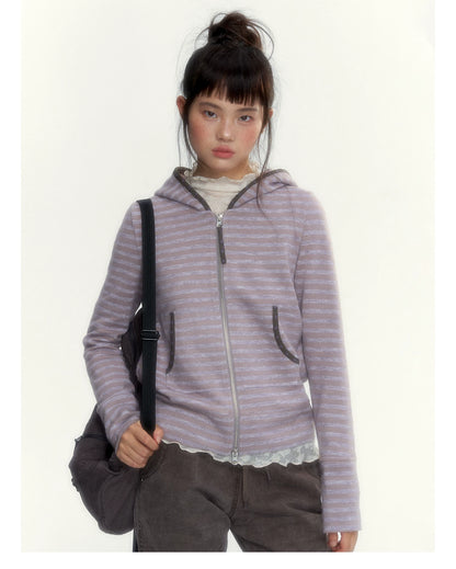 Dusty Purple Stripe Hooded Knit Cardigan