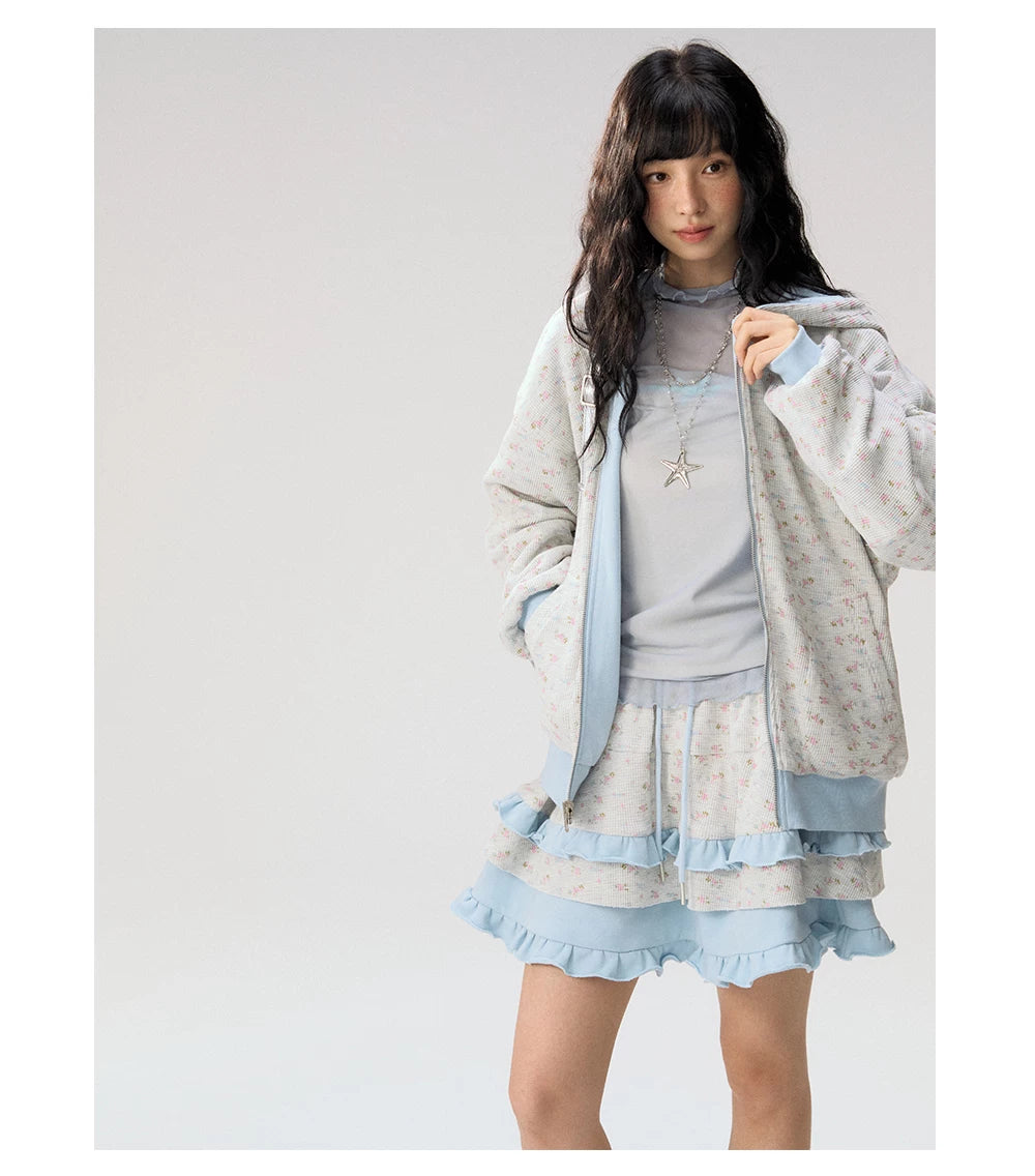 [CAN] "Misty Blue Floral Reverie" Light Blue Floral Set (Reversible Jacket / Sweatpants / Tiered Skirt)