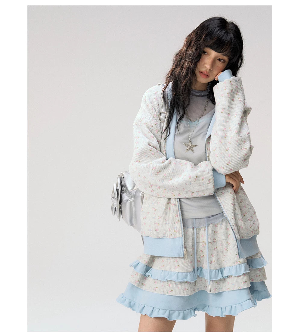 [CAN] "Misty Blue Floral Reverie" Light Blue Floral Set (Reversible Jacket / Sweatpants / Tiered Skirt)