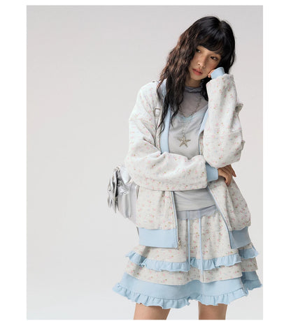 [CAN] "Misty Blue Floral Reverie" Light Blue Floral Set (Reversible Jacket / Sweatpants / Tiered Skirt)