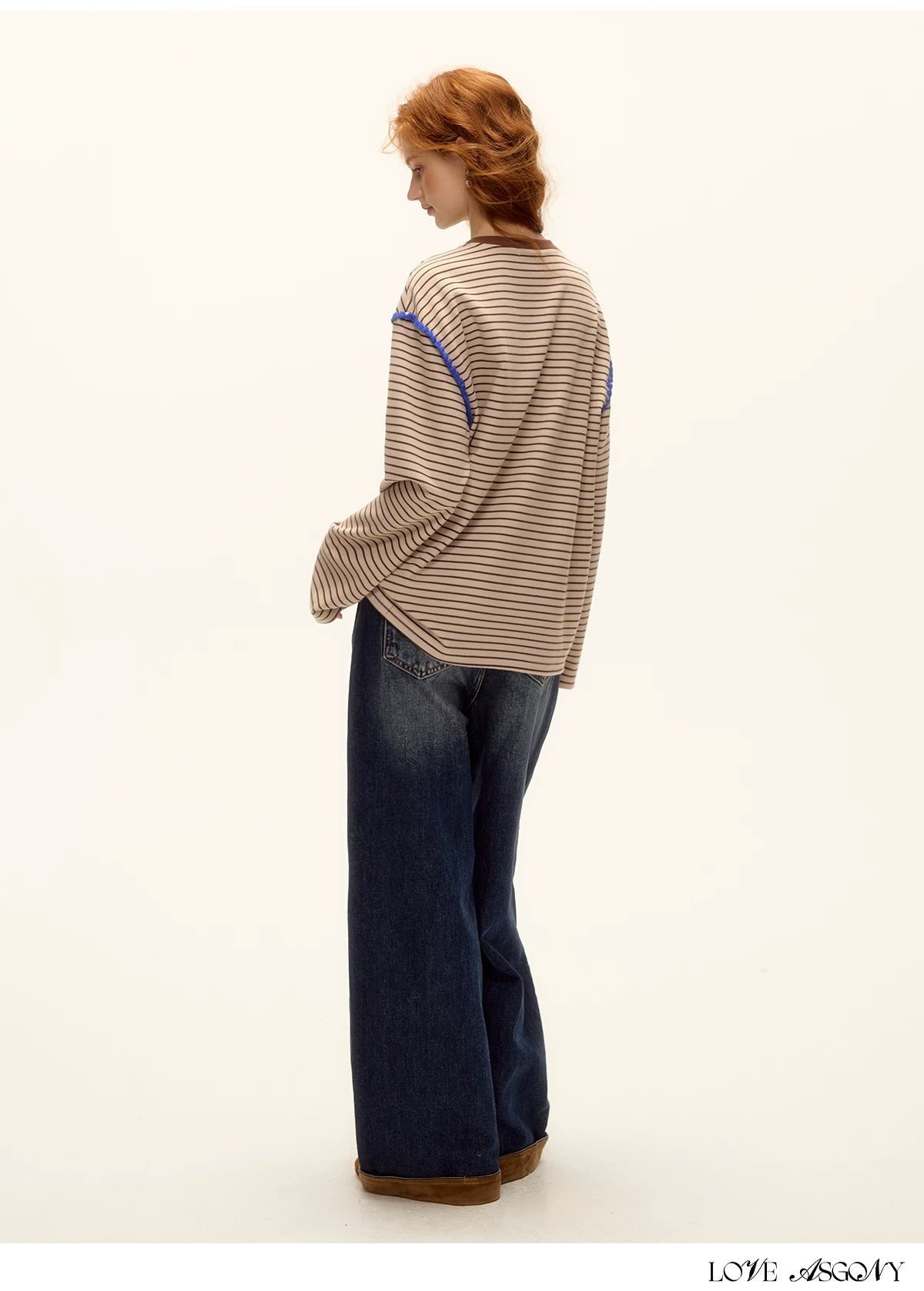ASGONY - Striped Contrast Embroidered Shell Stitch T-Shirt