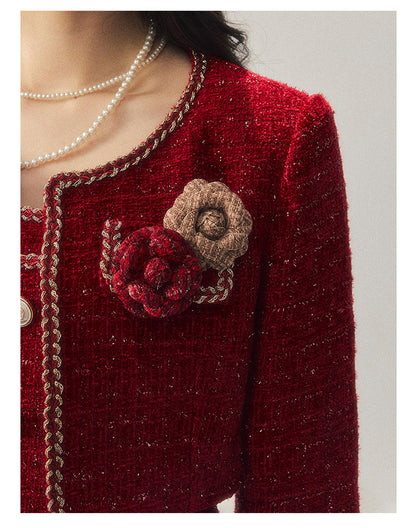 少也眼 "Before the Moon Falls" Bouclé Wool Tweed Three-Piece Mini Set - Cabernet Red