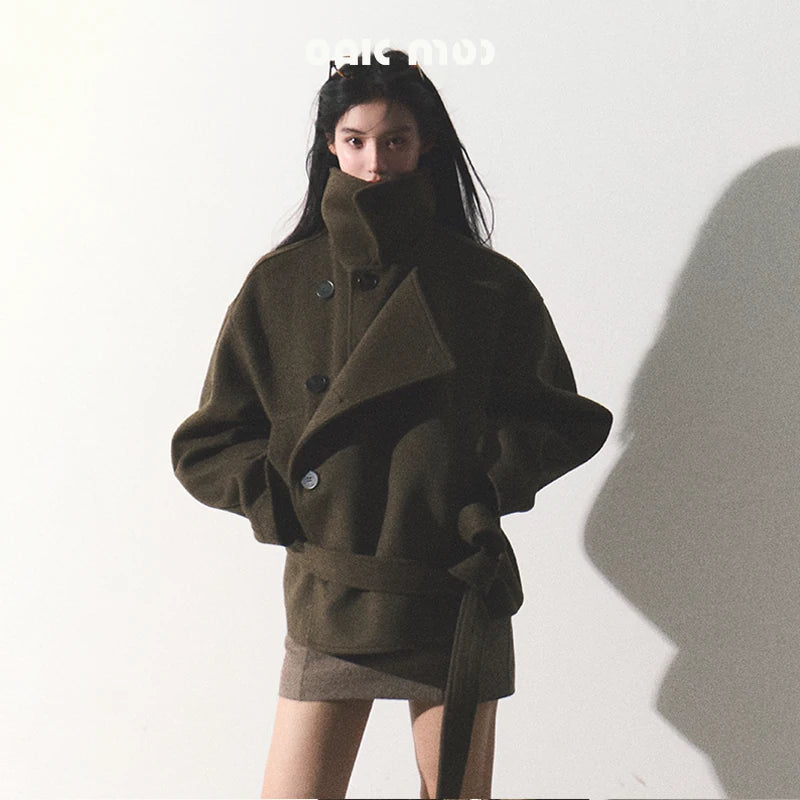 OAKMOO/ "The Flowers Are in Full Bloom" Jade Green Wool-Blend Short Belted Coat