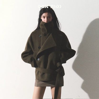 OAKMOO/ "The Flowers Are in Full Bloom" Jade Green Wool-Blend Short Belted Coat