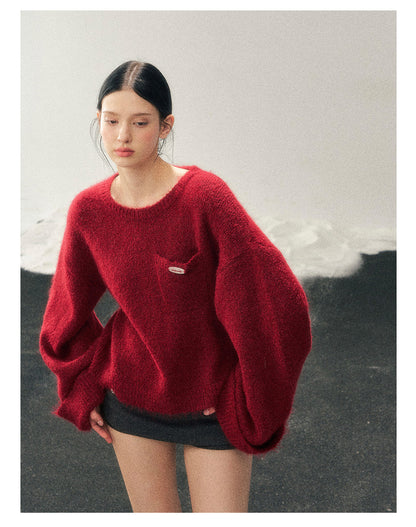 少也眼 “Winter Snow Holds Gentle Warmth” Angora-Blend French Red Knit Sweater