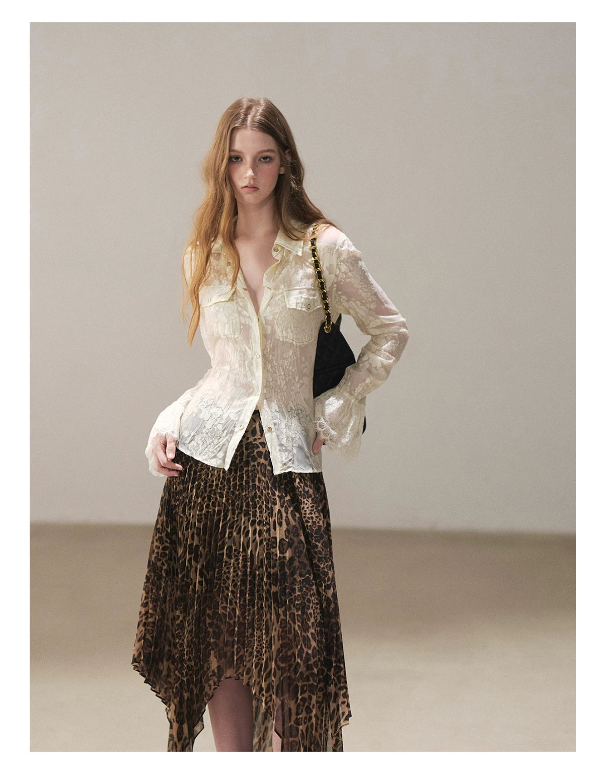 AOMALM - “Cocoa Leopard” Pleated Asymmetric Midi Skirt