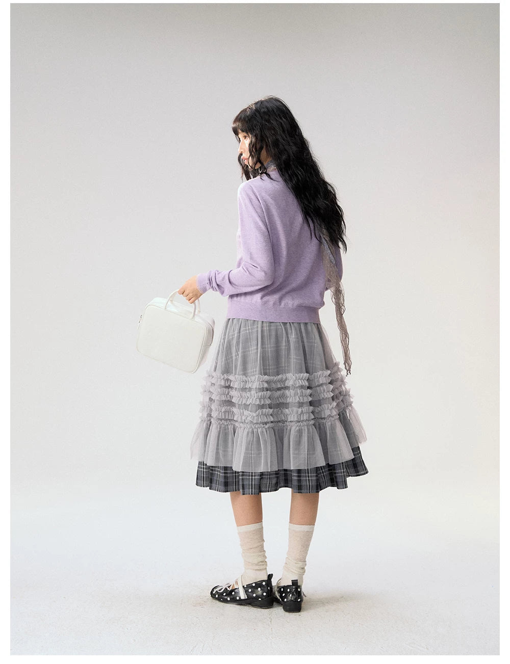 [CAN] "Gray Plaid Reverie" Gray Purple Plaid Mesh Layered Midi Skirt