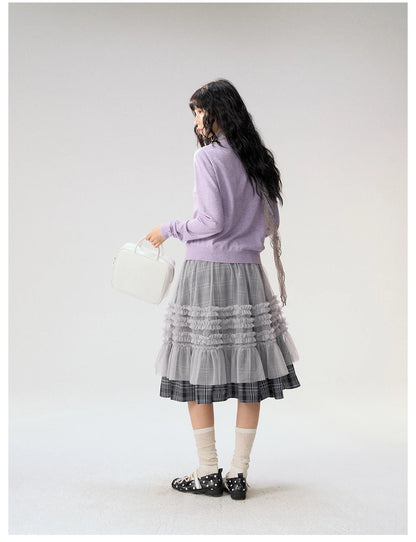 [CAN] "Gray Plaid Reverie" Gray Purple Plaid Mesh Layered Midi Skirt