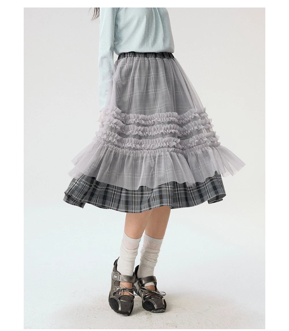 [CAN] "Gray Plaid Reverie" Gray Purple Plaid Mesh Layered Midi Skirt