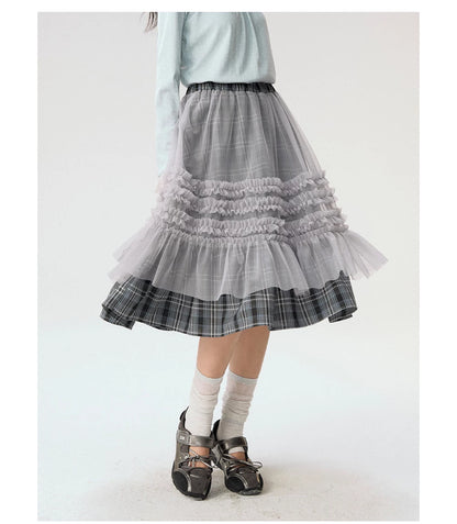 [CAN] "Gray Plaid Reverie" Gray Purple Plaid Mesh Layered Midi Skirt