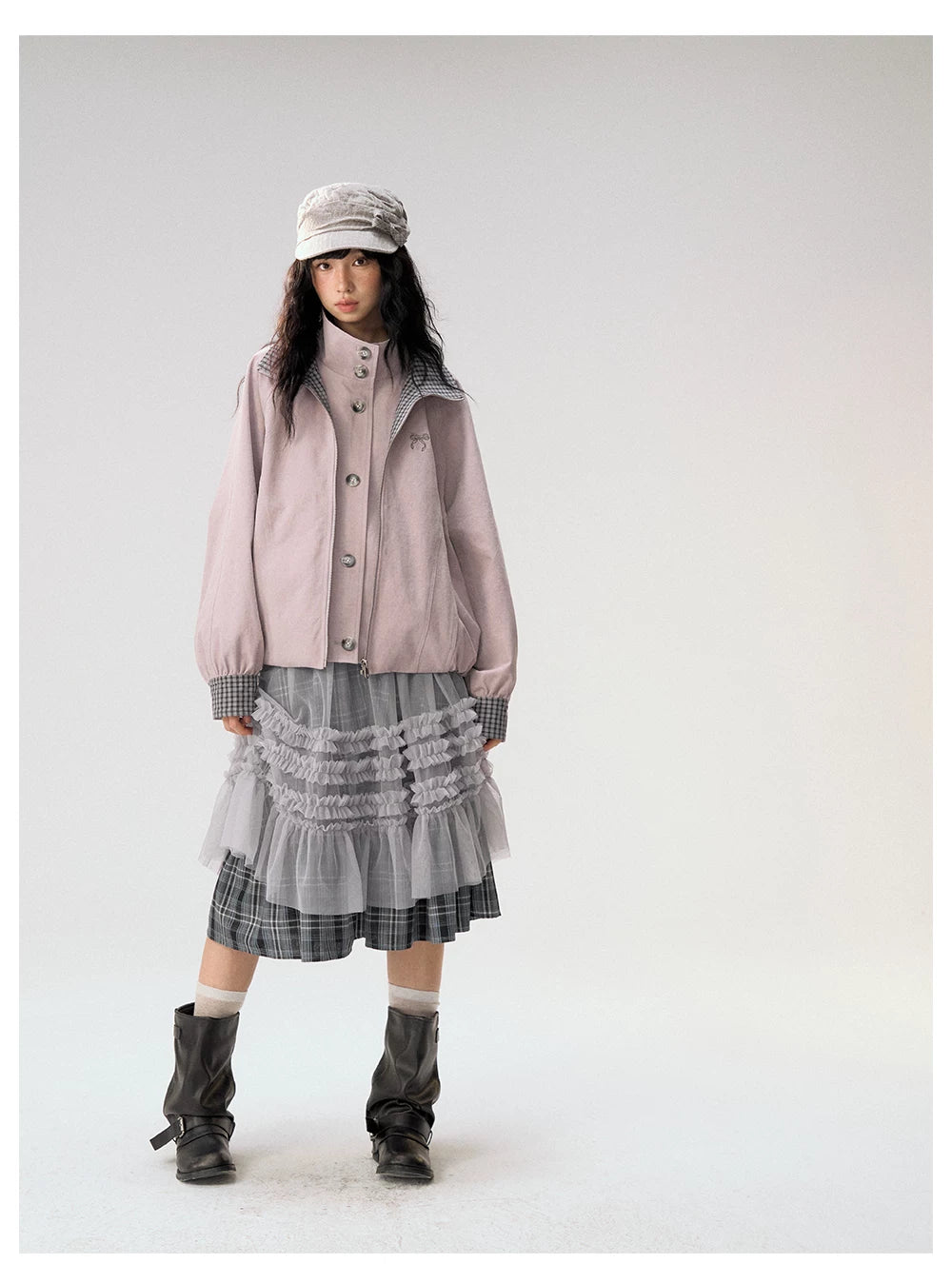 [CAN] "Gray Plaid Reverie" Gray Purple Plaid Mesh Layered Midi Skirt