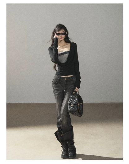 AOMALM - “Her Shoreline” American Vintage Slim Flare Jeans (Rock Black / Vintage Blue)