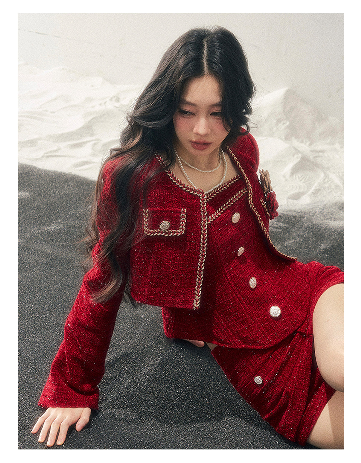 少也眼 "Before the Moon Falls" Bouclé Wool Tweed Three-Piece Mini Set - Cabernet Red