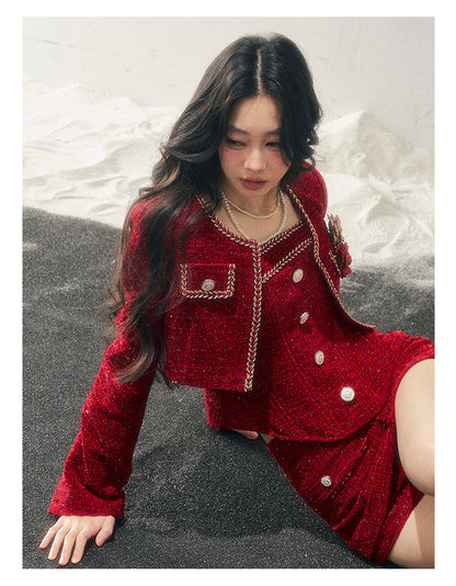 少也眼 "Before the Moon Falls" Bouclé Wool Tweed Three-Piece Mini Set - Cabernet Red