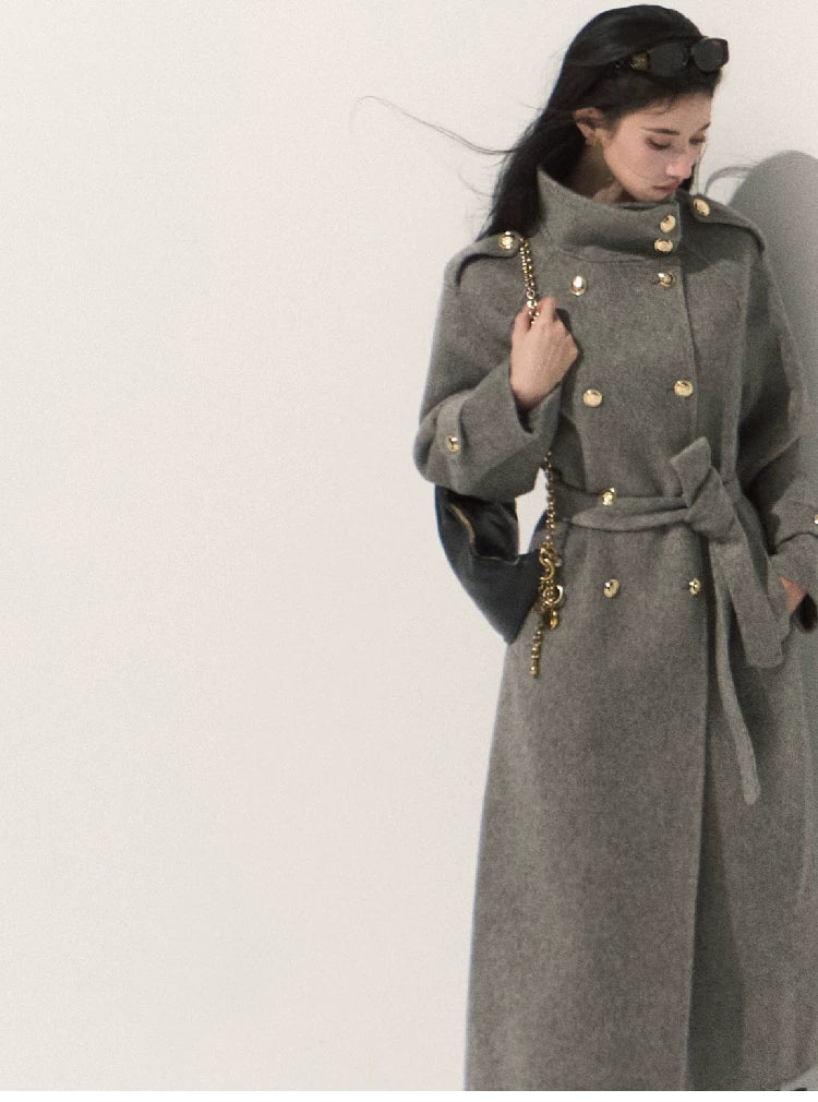 OAKMOO/ Pure Wool Belted Double-Faced Stand Collar Coat (Silver Blue / Flint Gray)