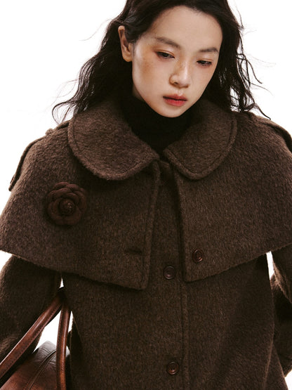 “Intellectual Cape Silhouette” Long Wool Blend Minimal Coat - Brown 8007