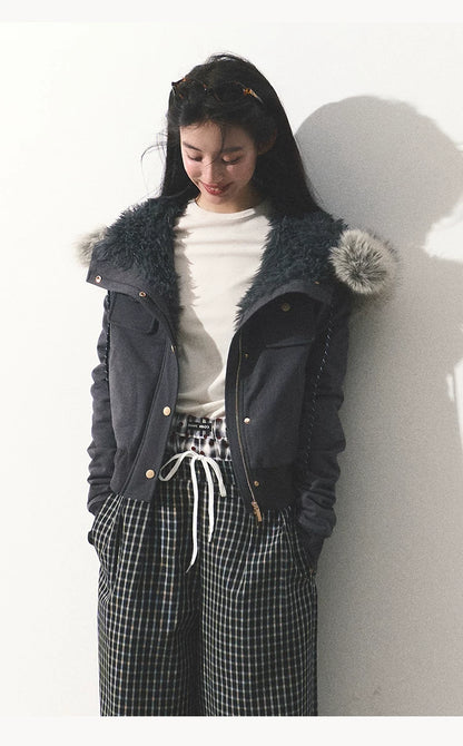 OAKMOO/ "Energy & Freedom" Mocha Gray Fur-Collar Cropped Hoodie Jacket