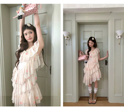 “Cloud Ruffle Reverie” Cream Apricot Floral Ruffle Dress